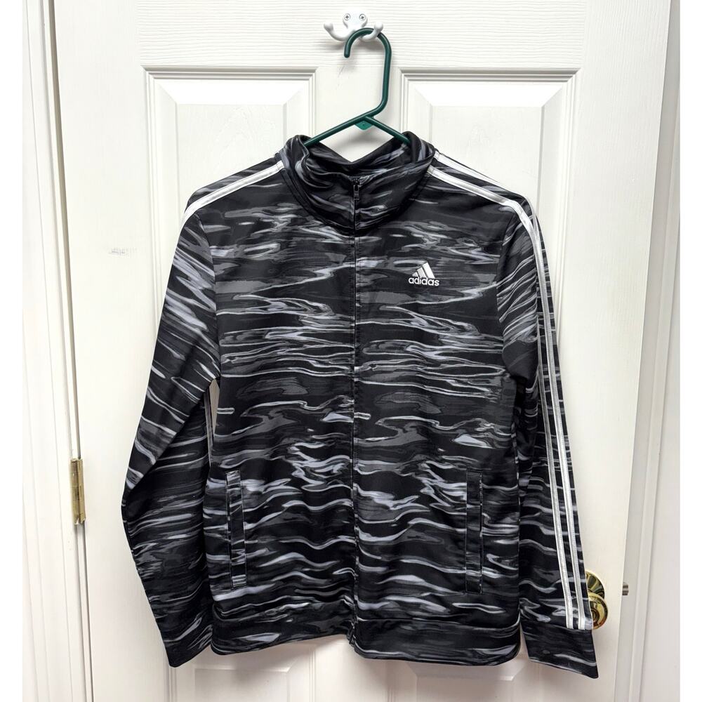 Adidas Jacket Big Boys Tricot Black White Full Zip, Mock Neck, Size XL 18/20